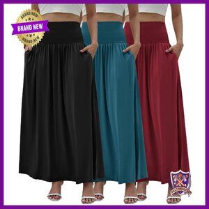 Long Maxi Skirt 3-Pack with Pockets Lightweight A-Line Fall Essential